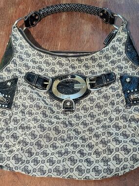 VINTAGE Y2K Guess Monogram Denim Hobo Bag Black Silver Buckle Studded Era 2000s